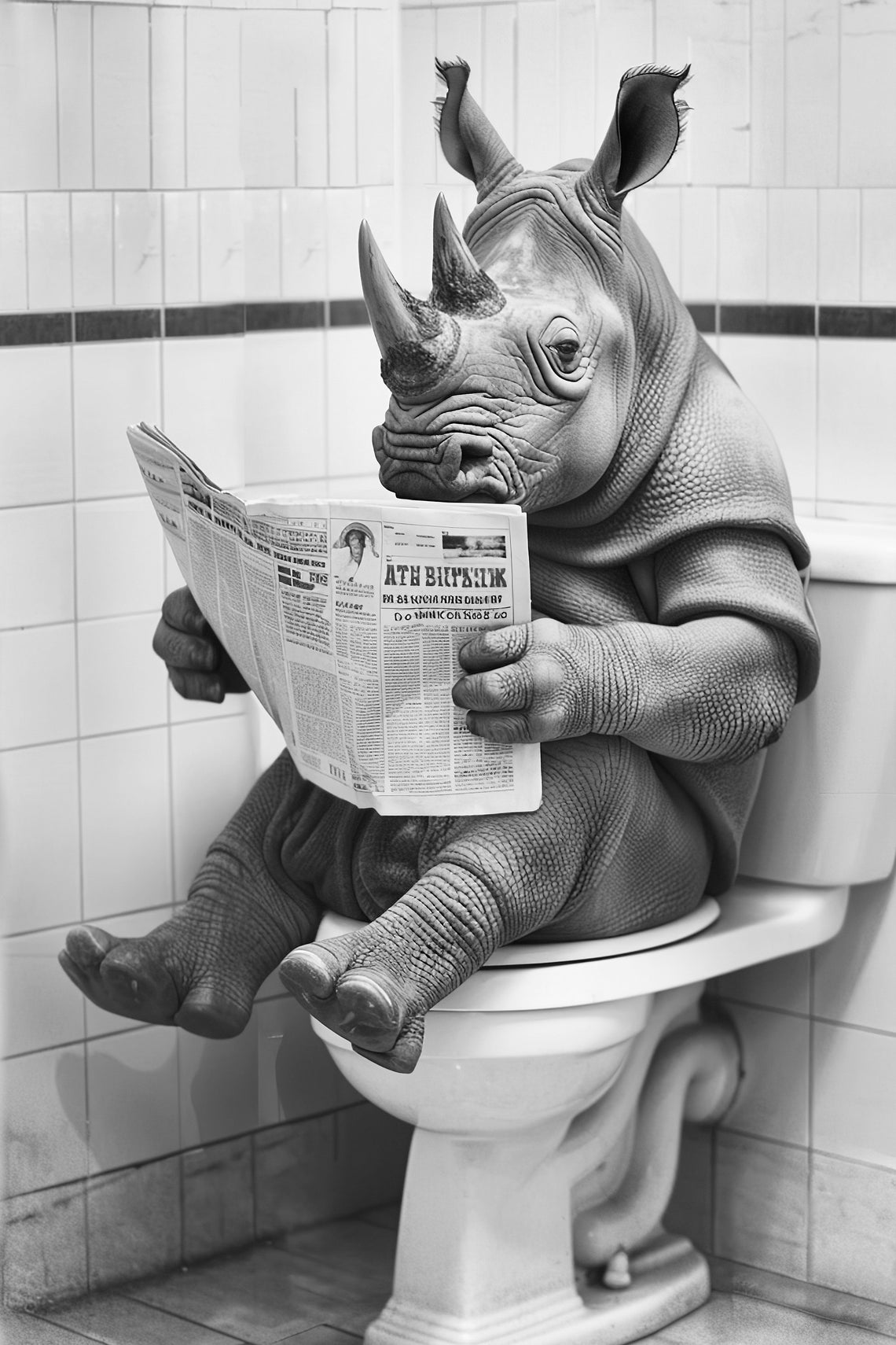Rhino Sitting On The Toilet Reading A Newspaper Funny Bathroom Wall Art Funny Vintage Style Animal Photo Animal Print Ai Art