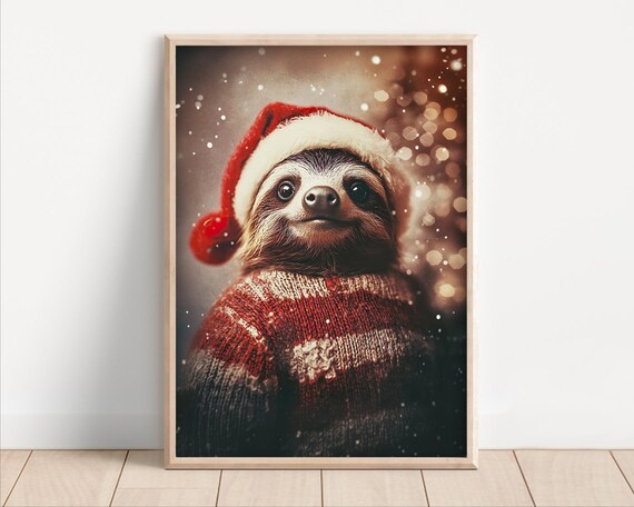 Cute Christmas Sloth Funny Christmas Wall Art Retro Winter Animals Christmas Home Decor Funny Sloth Photo Print Ai Art