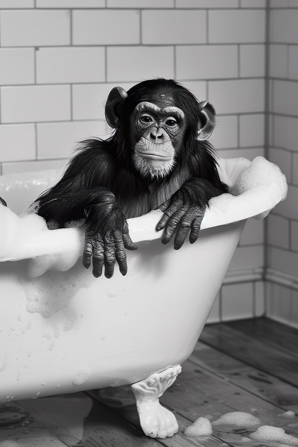 Baby Chimpanzee Bubble Bath Funny Black And White Animal Poster