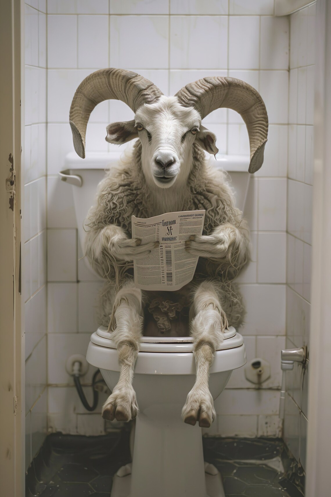 Ram With Big Horns Reading Newspaper on Toilet Bathroom Poster