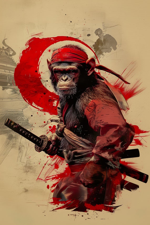 Ninja Monkey Holding A Katana Sword Boys Game Room Wall Decor Movie Poster Style Martial Arts Funny Animal Wall Art Ai Art