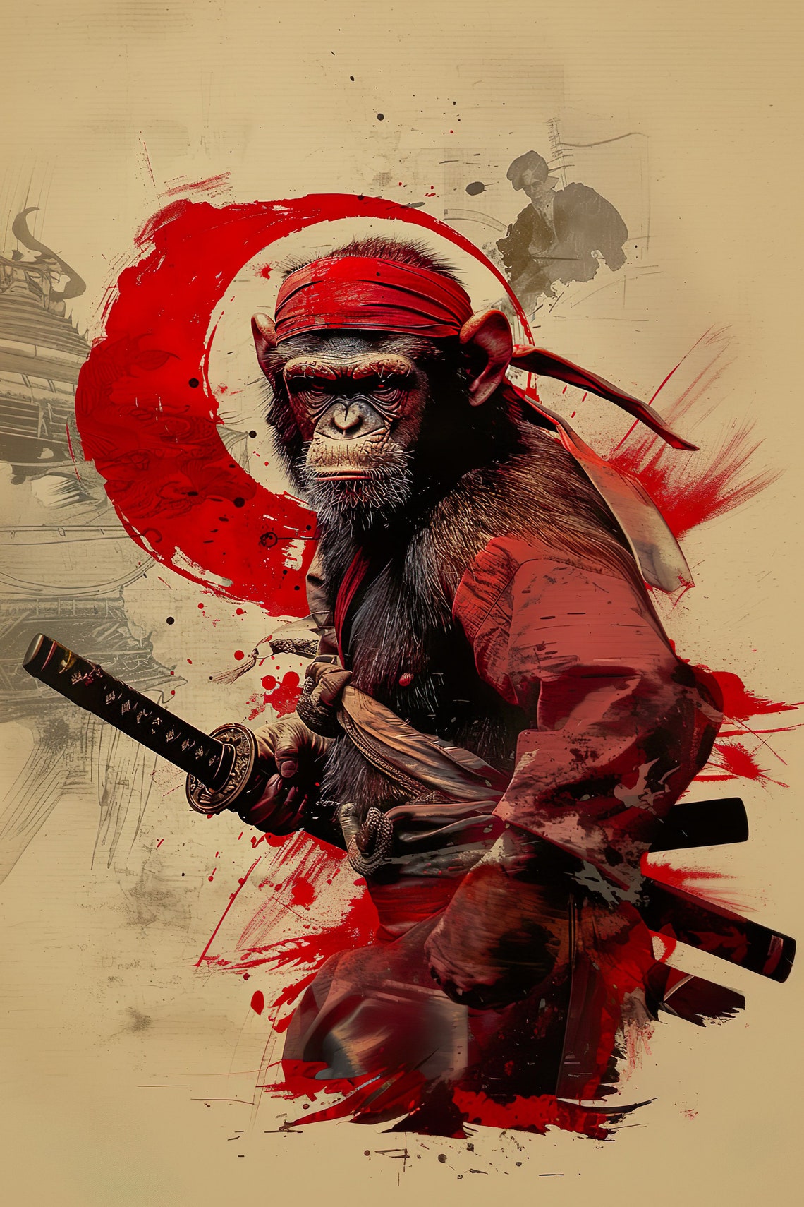 Japanese Samurai Monkey Katana Sword Red Enso Funny Art Poster