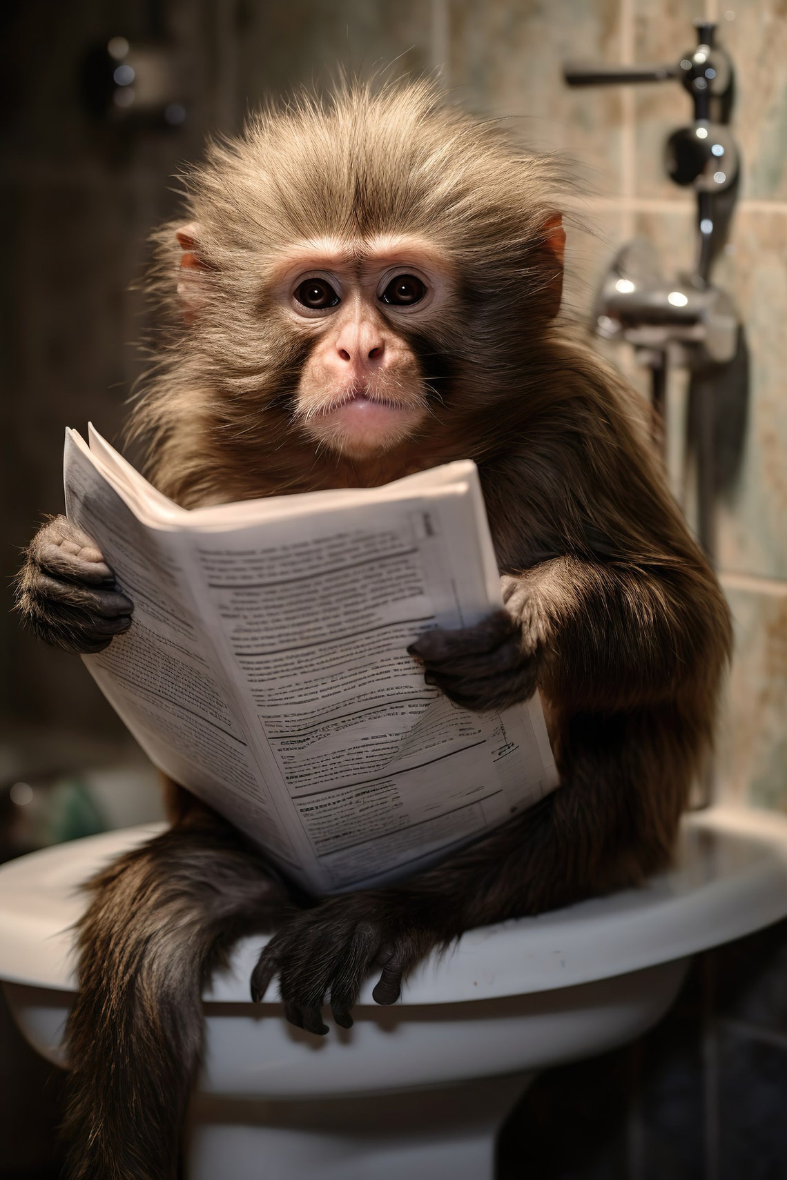 Marmoset Monkey Reading Newspaper on Toilet Funny Bathroom Print