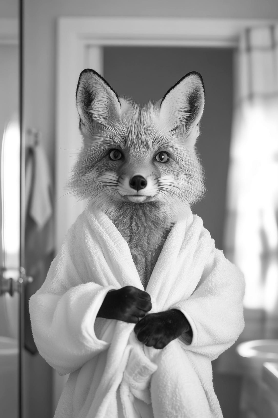 Adorable Fox in Bathrobe Black and White Funny Bathroom Poster - Image 2