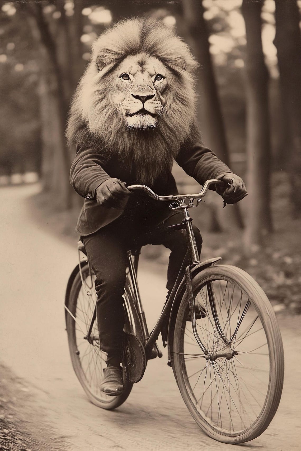 Lion Riding A Bike Funny Animal Wall Art Lion With Bicycle Funny Vintage Style Animal Photo Cute Retro Home Print Ai Art