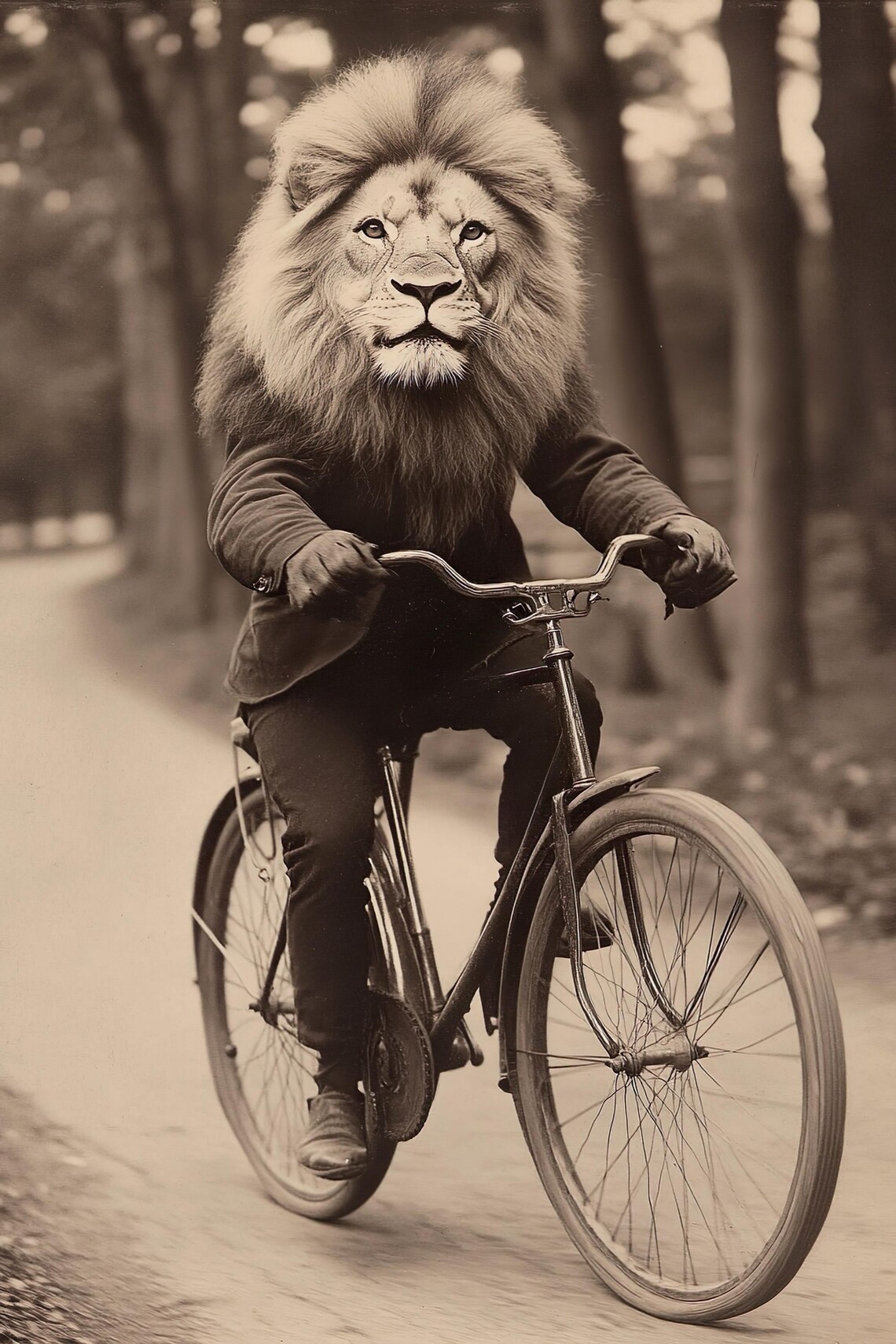 Lion Riding Bicycle Sepia Vintage Portrait Funny Animal Poster