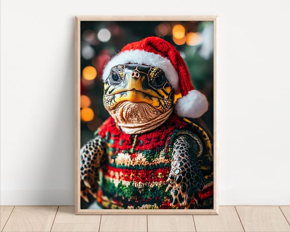 Cute Christmas Turtle Funny Christmas Wall Art Retro Winter Animals Christmas Home Decor Funny Turtle Photo Print Ai Art