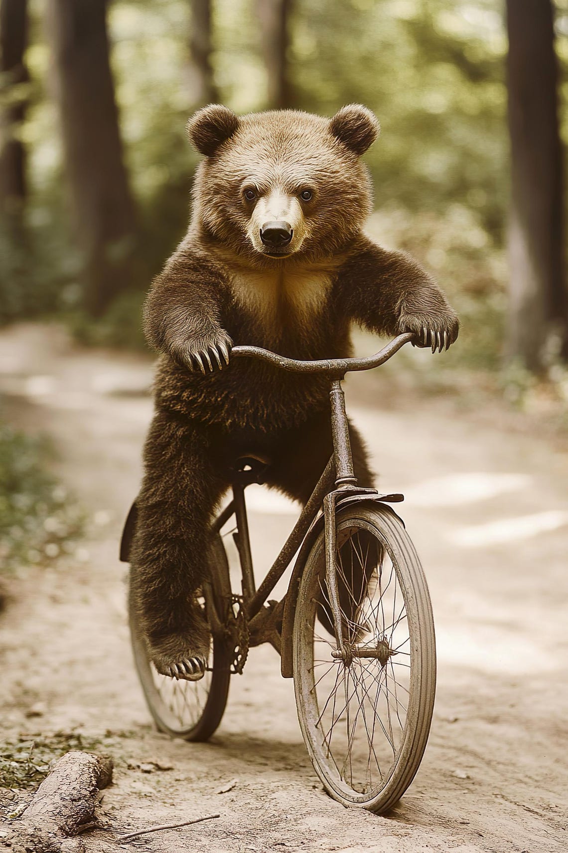 Baby Bear Cub Riding Bicycle Forest Path Sepia Vintage Poster