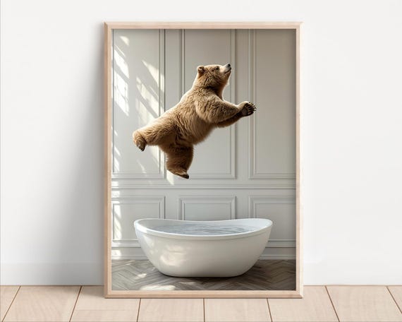 Bear Jumping Into Bathtub Funny Bathroom Art Print