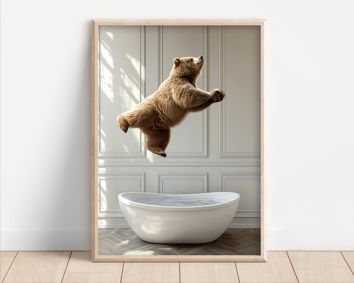 Bear Jumping Into Bathtub Funny Bathroom Art Print