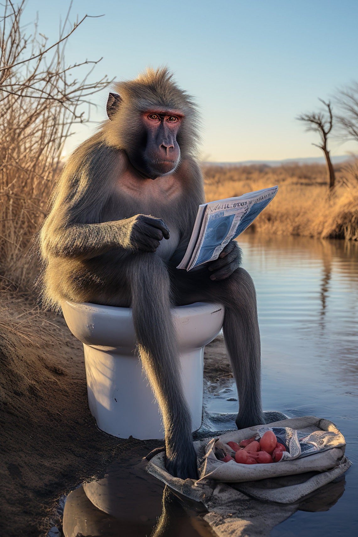 Baboon Reading Magazine on Toilet by the River Wildlife Poster