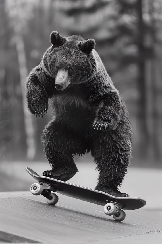 Bear Skateboarding Funny Animal Wall Art Bear On Skateboard Print Funny Vintage Bear Photo Black White Photography Ai Art