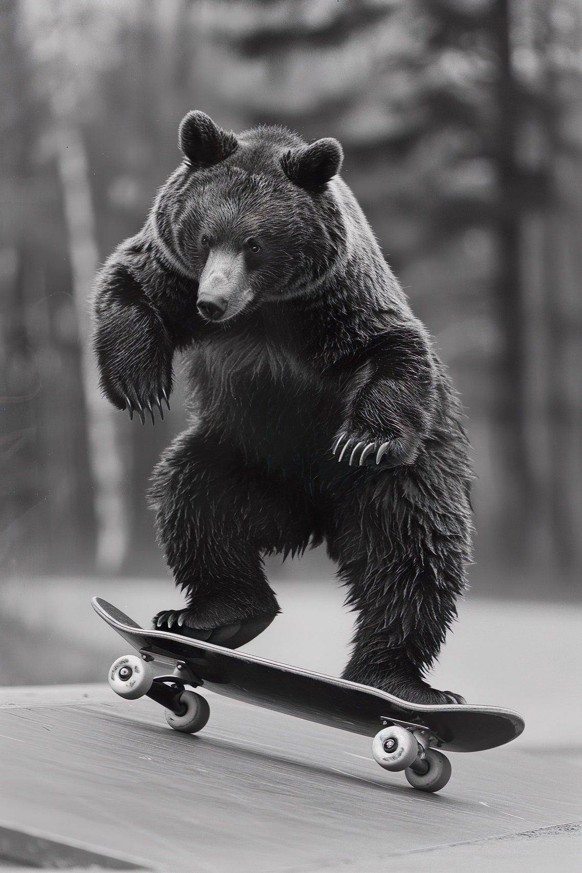 Black Bear Skateboard Ride Funny Black And White Photo Print
