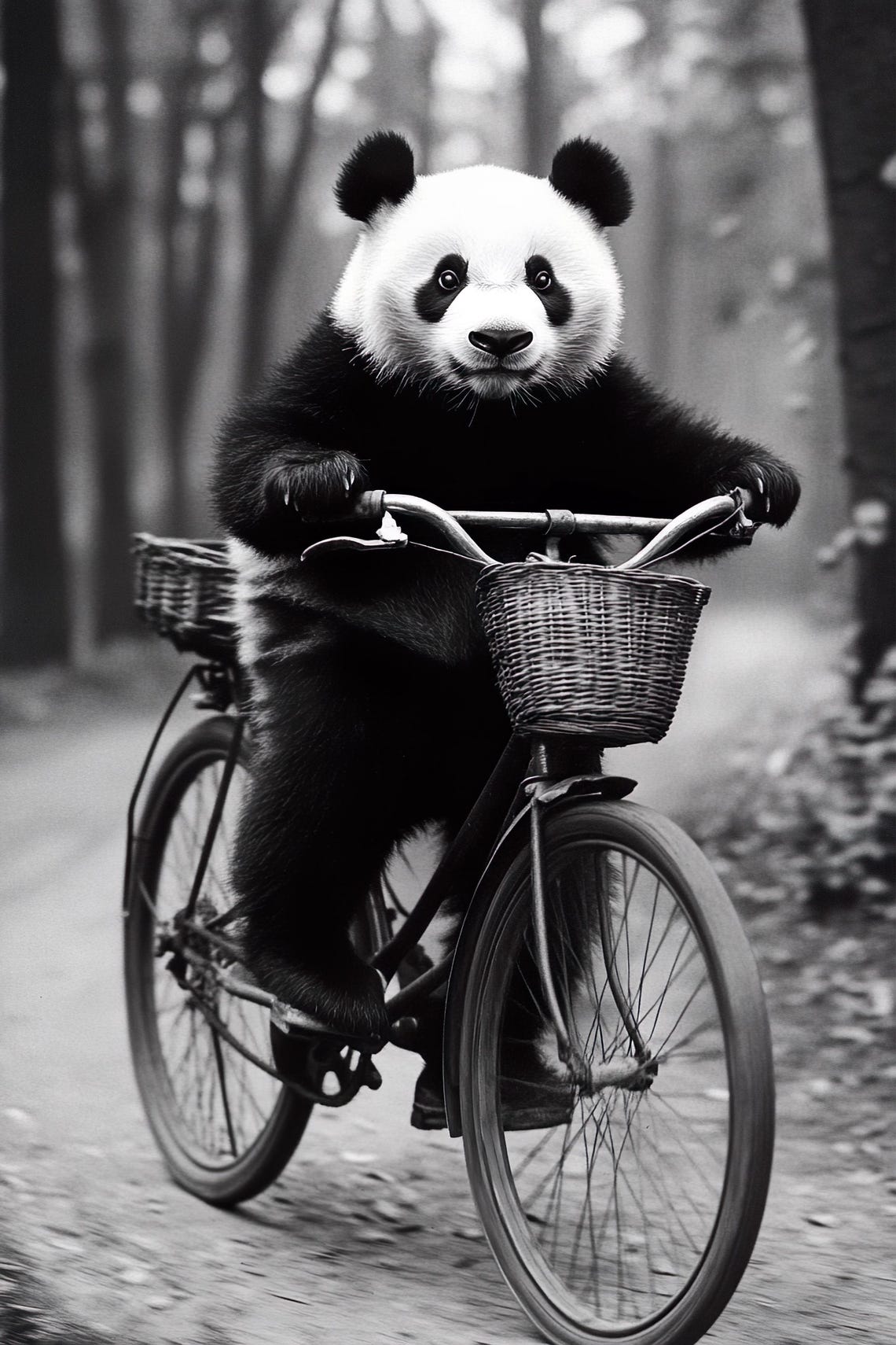 Cute Panda Riding Bicycle Black and White Vintage Style Poster
