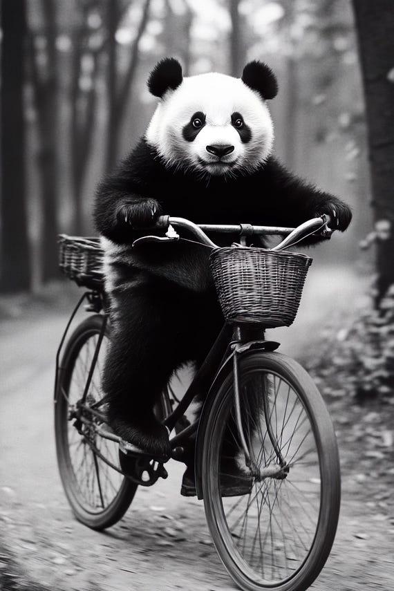 Panda Riding A Bike Funny Animal Wall Art Panda With Bicycle Funny Vintage Style Animal Photo Cute Retro Home Print Ai Art