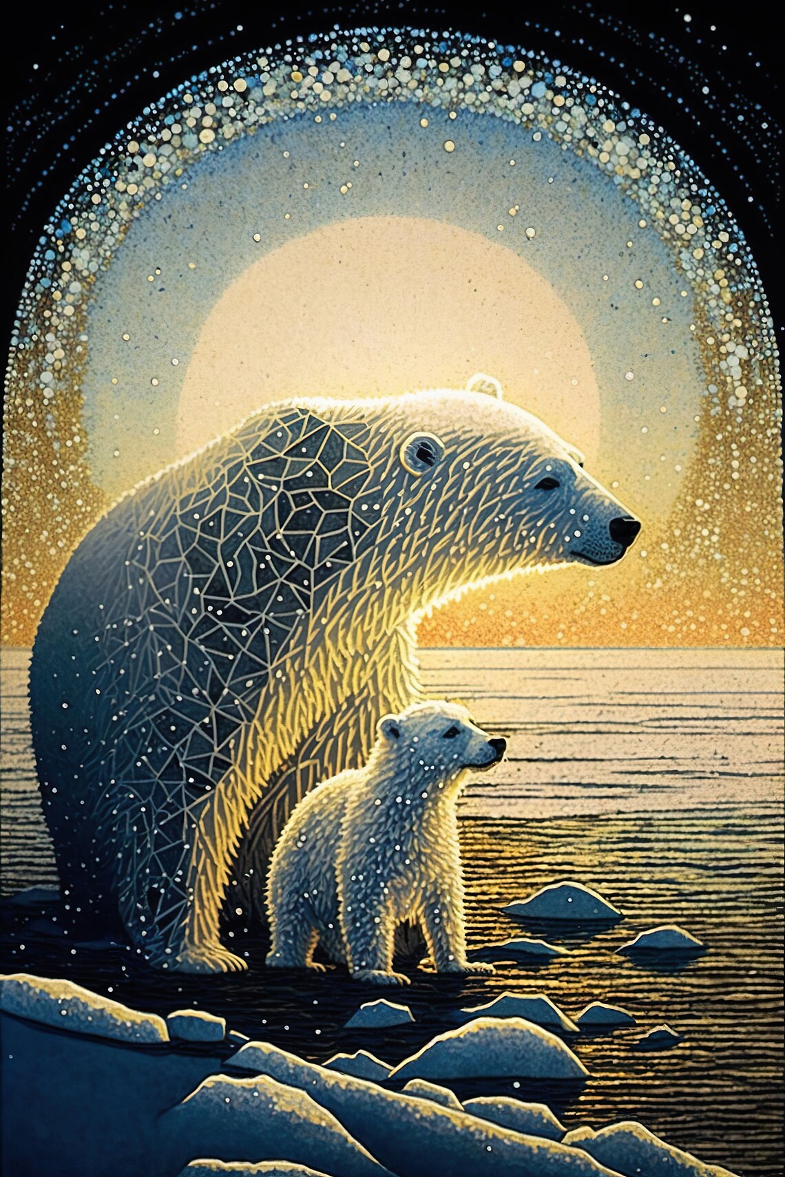 Polar Bear Mama And Baby Cub Pointillism Art Print