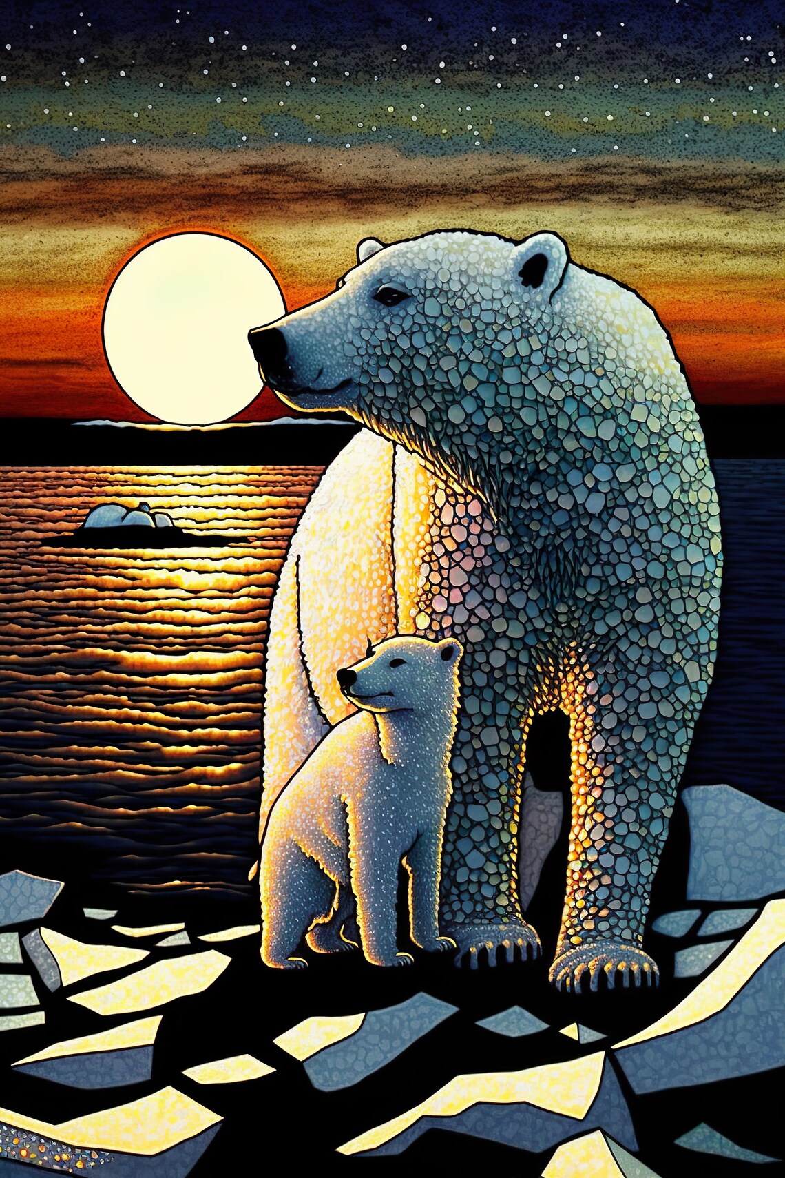 Polar Bear Mama And Baby Cub Arctic Landscape Poster