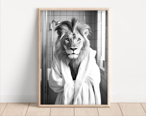 Lion In A Bathrobe Funny Bathroom Wall Art Funny Retro Vintage Style Animal Photo Cute Lion Wall Art Print Wall Art