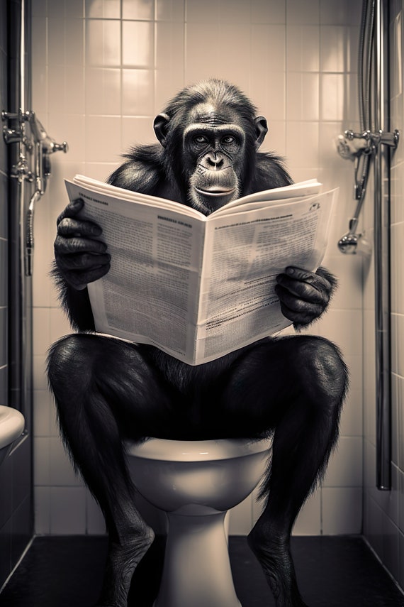 Bonobo Ape Sitting On The Toilet Reading A Newspaper Funny Bathroom Wall Art Funny Monkey Print Funny Animal Photo Ai Art