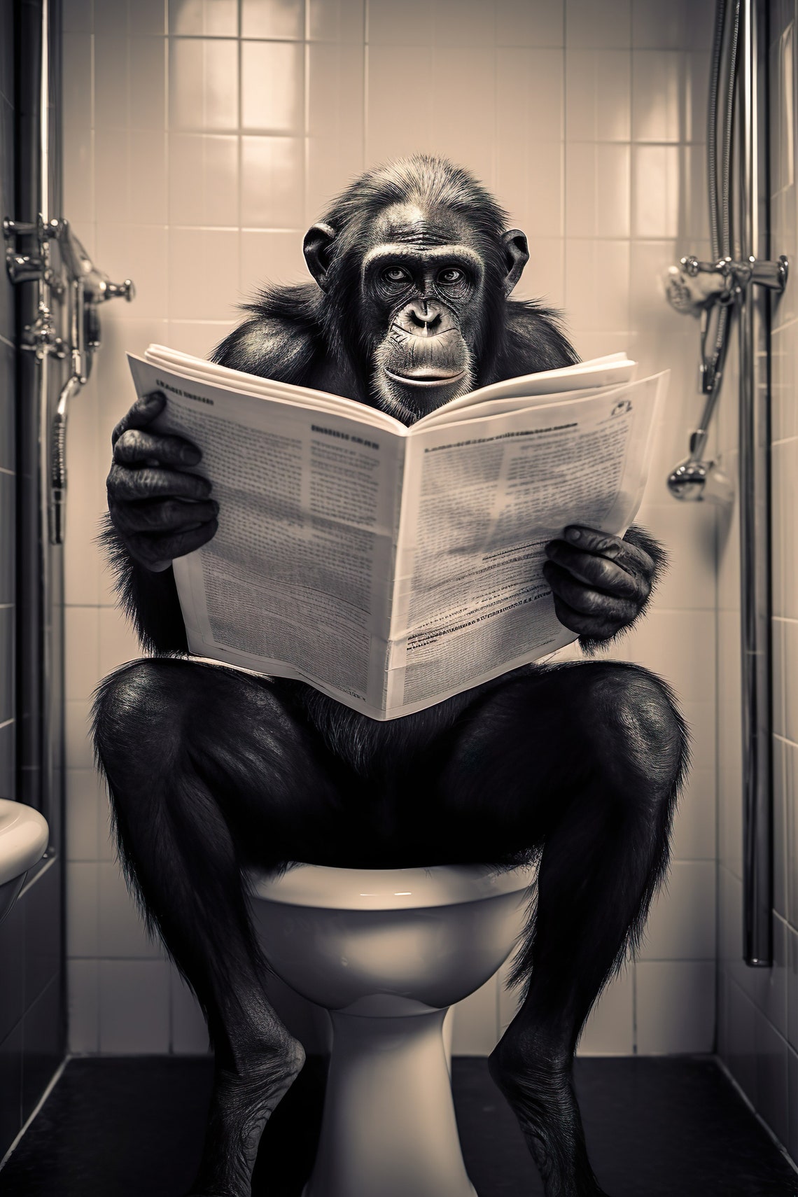 Bonobo Reading Newspaper on the Toilet Funny Bathroom Poster