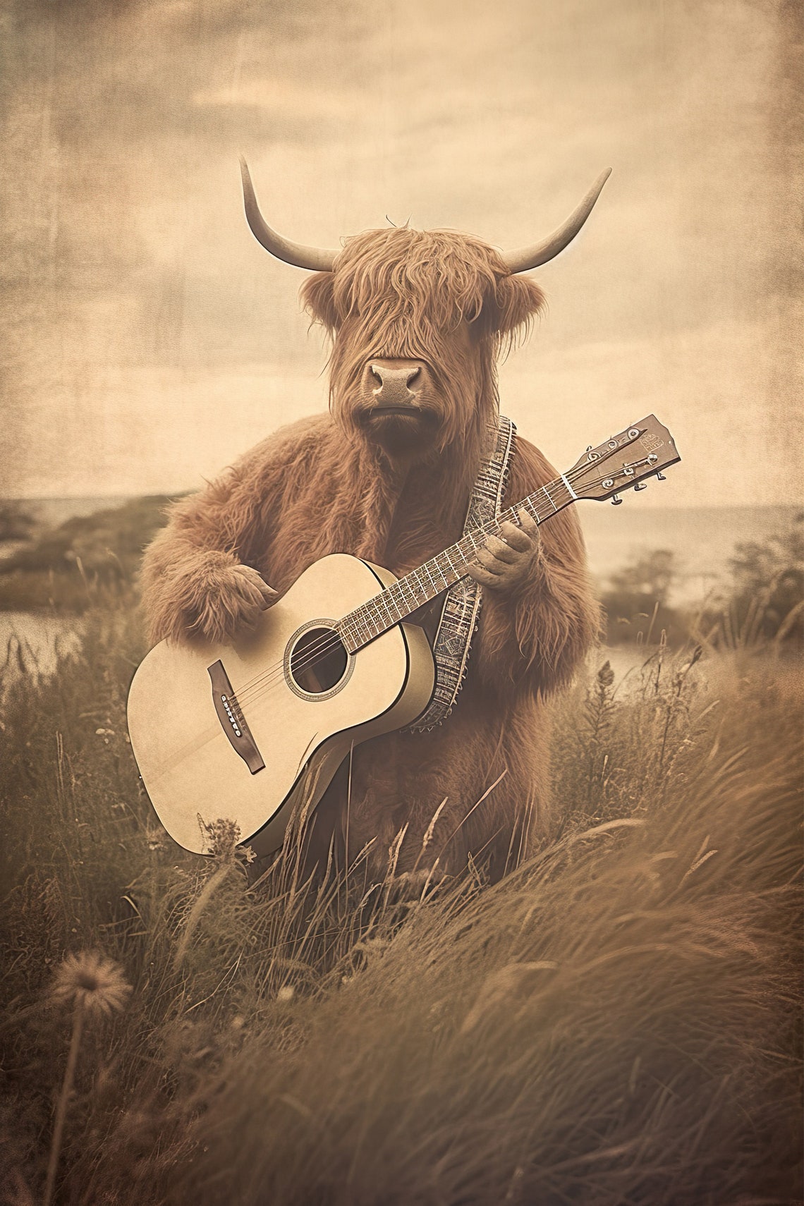 Highland Cow Musician Playing Guitar Vintage Sepia Meadow Poster