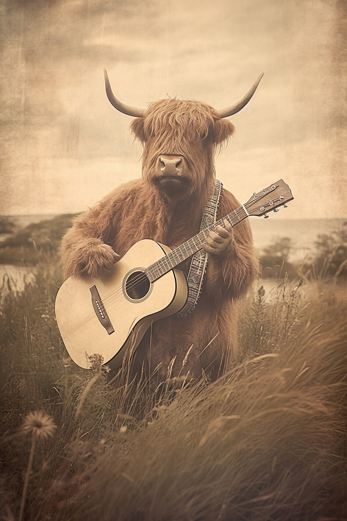 Highland Cow Playing Guitar Funny Vintage Animal Print Cow Photograph Retro Cow Humor Vintage Wall Art Home Decor Ai Art