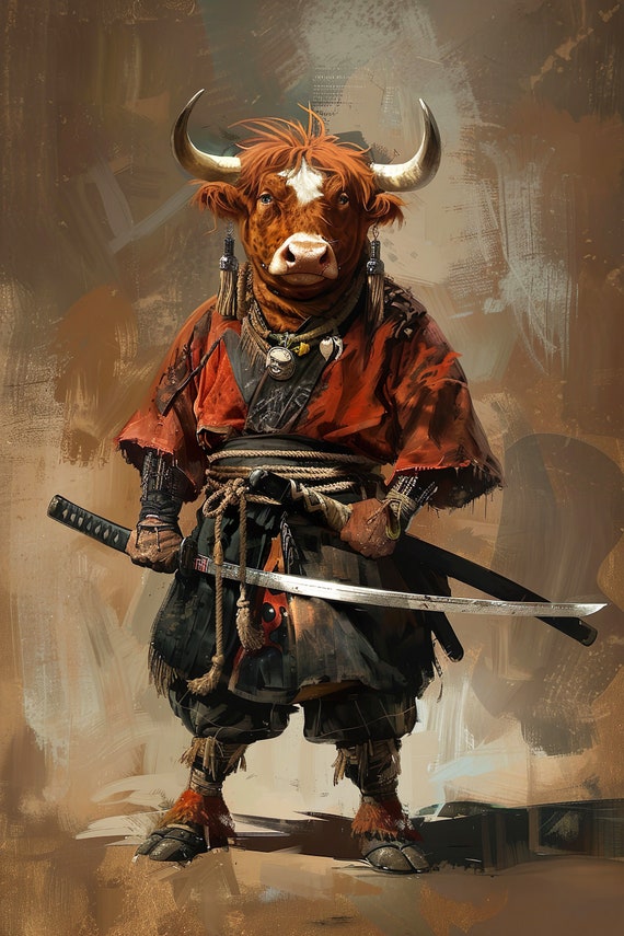 Ninja Highland Cow Holding A Katana Sword Game Room Wall Decor Movie Poster Style Martial Arts Funny Animal Wall Art Ai Art