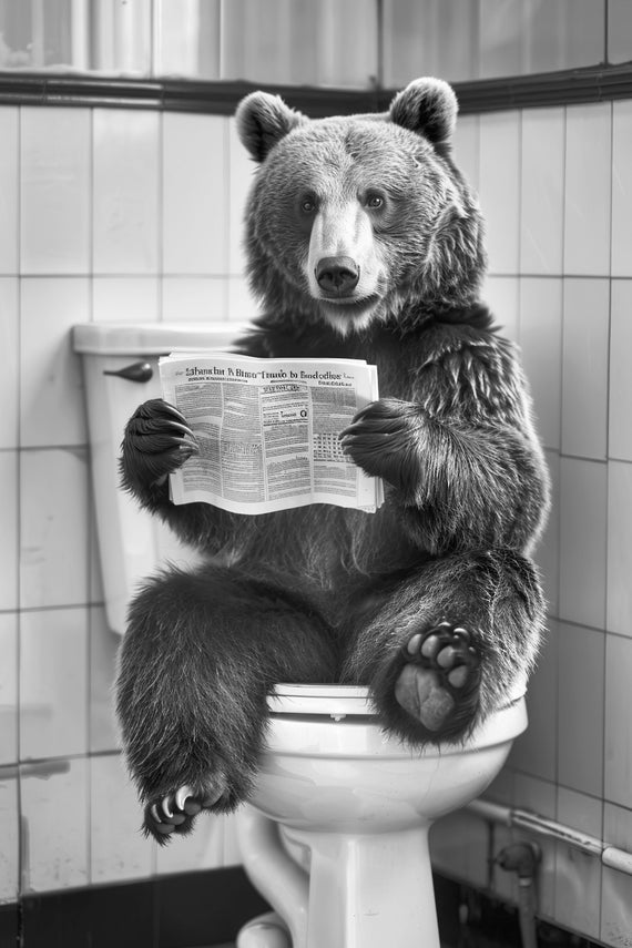 Bear Sitting On The Toilet Reading A Newspaper Funny Bathroom Wall Art Funny Vintage Style Animal Photo Animal Print Ai Art
