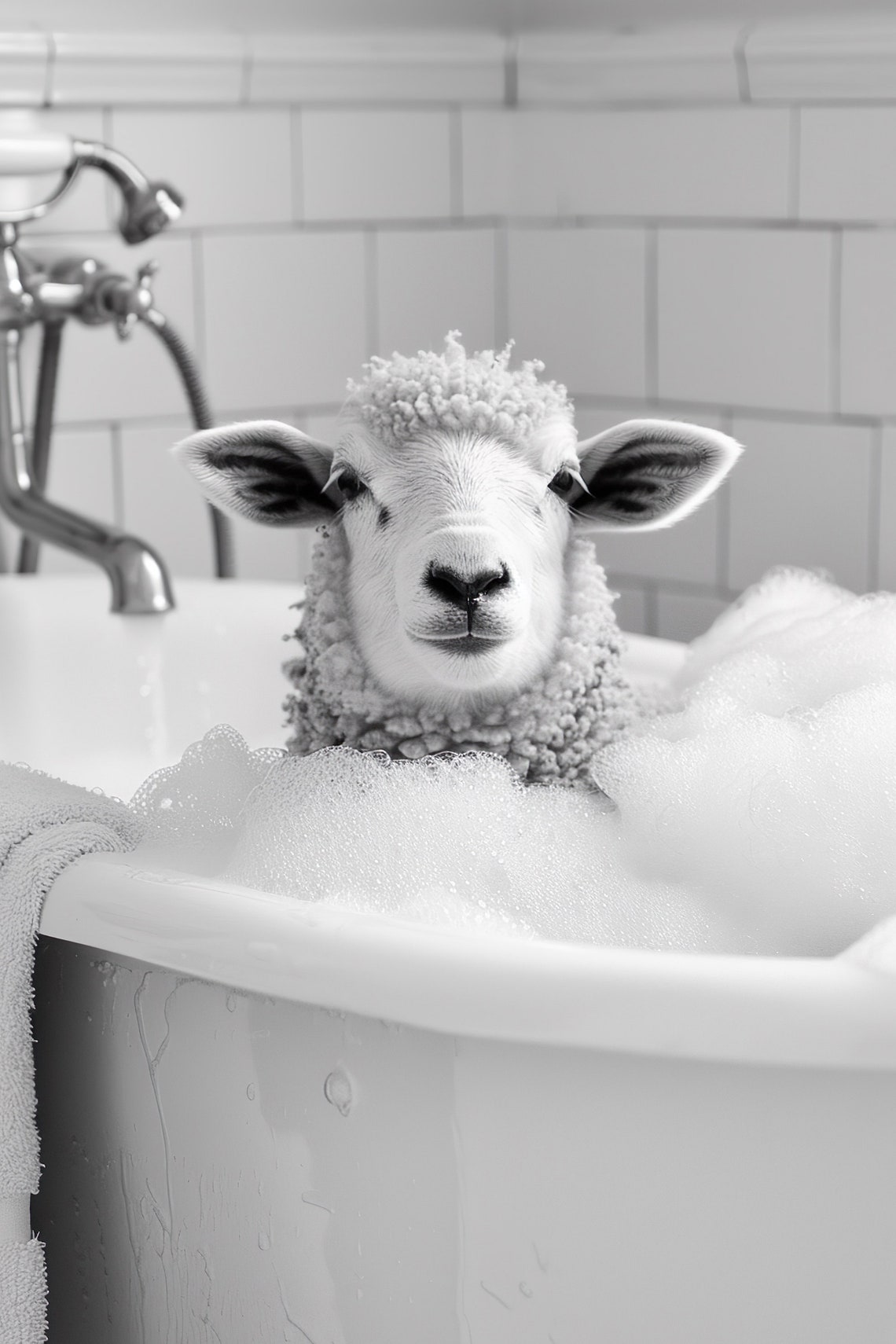 Lamb Bubble Bath Black And White Bathroom Humor Animal Wall Art
