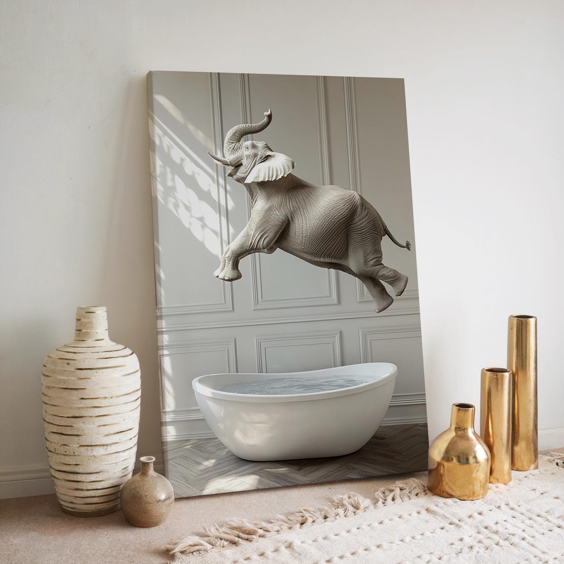 Elephant Jumping Into Bathtub Funny Bathroom Wall Art Decor Animals Taking A Bath Vintage Style Retro Elephant Print Ai Art - Image 2