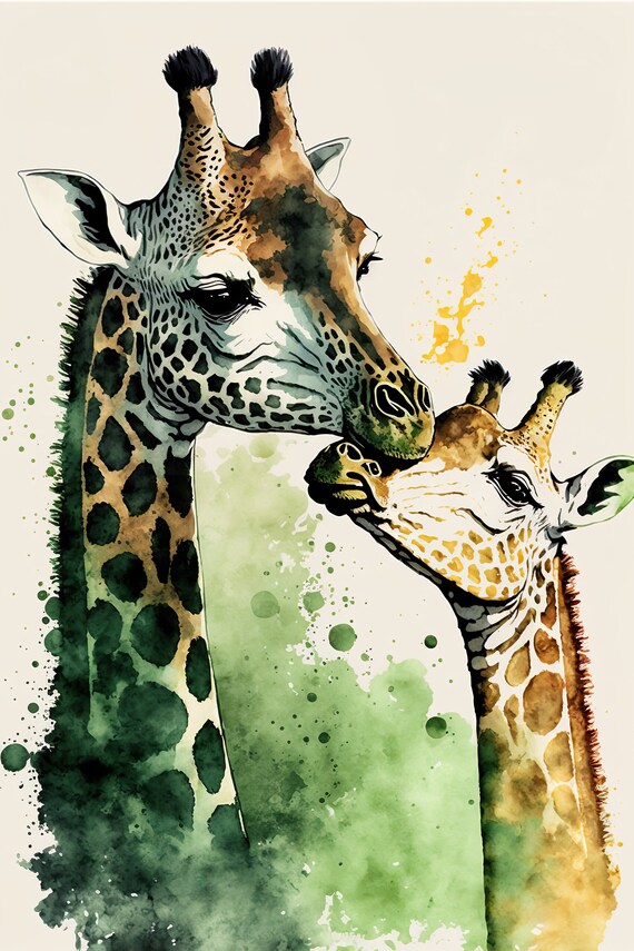 Giraffe Mother Kissing Calf Watercolor Splash Nursery Art Poster