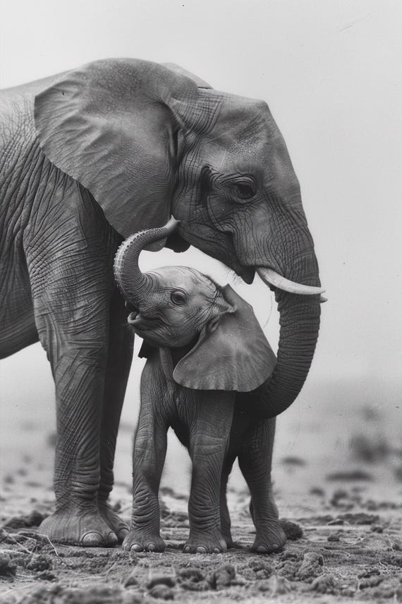 Mom Baby Elephant Cute Animal Wall Art Nursery Room Bedroom Prints Cute Vintage Style Animal Photo Mommy And Me Ai Art