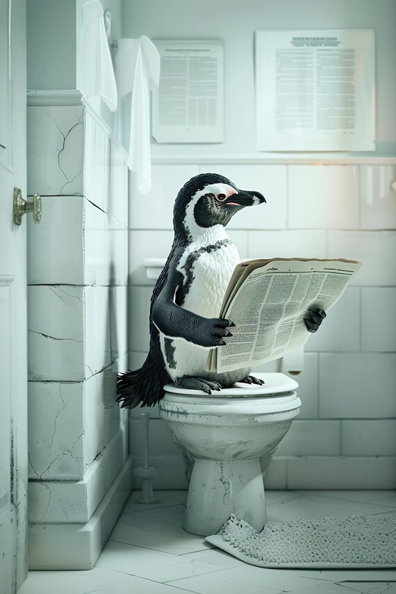 Penguin Sitting On The Toilet Reading Newspaper Funny Bathroom Poster