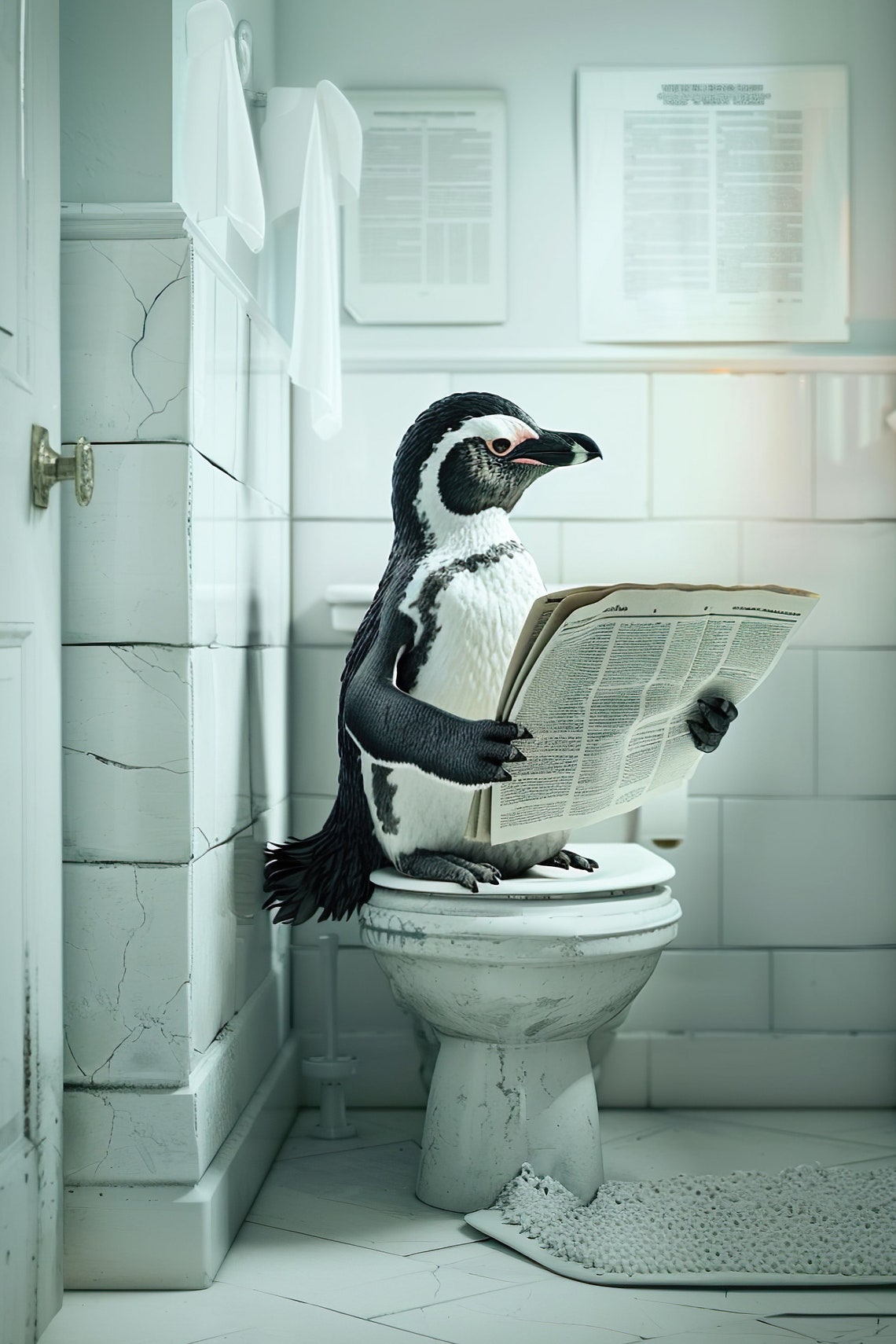 Penguin Sitting On The Toilet Reading Newspaper Funny Bathroom Poster