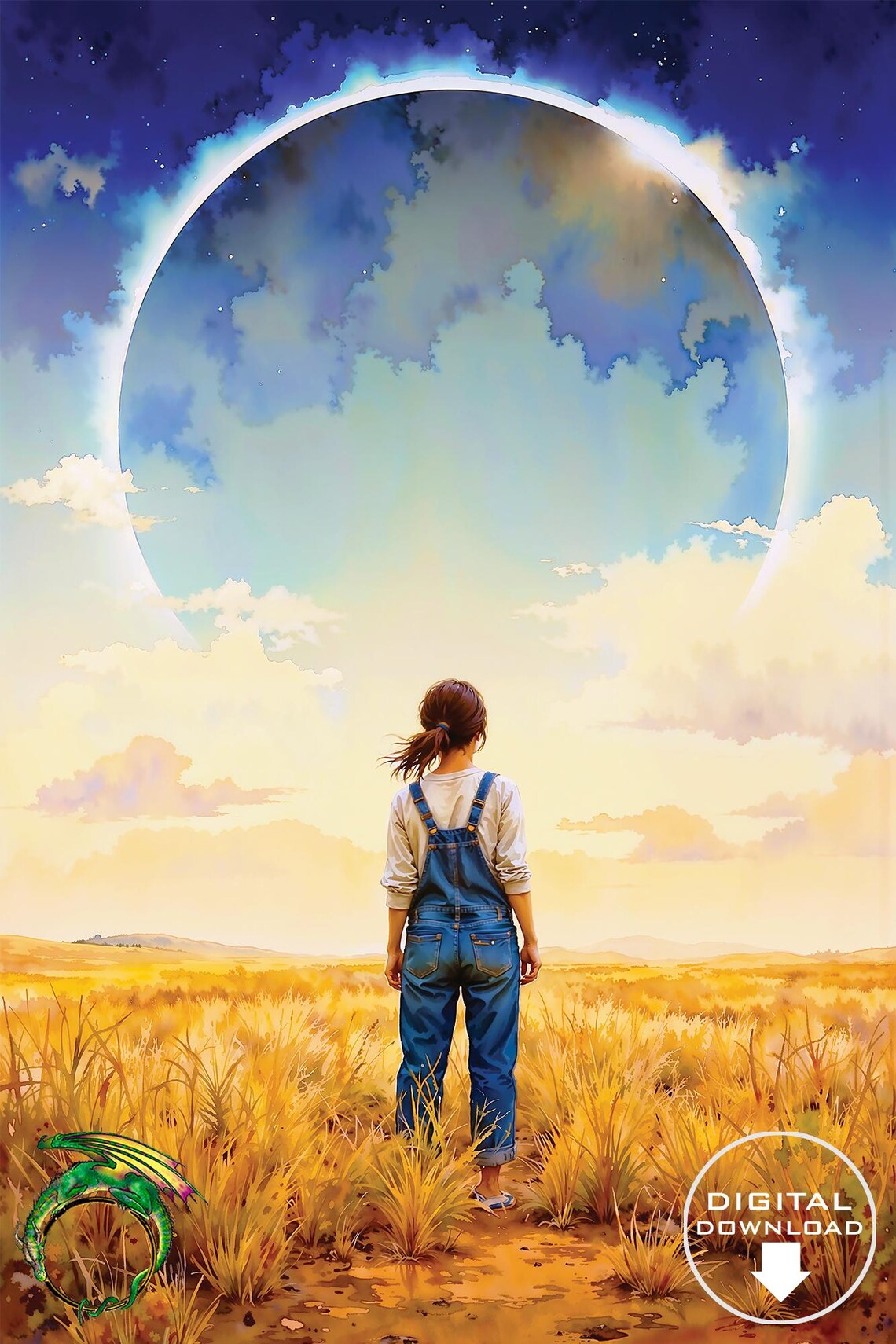 Woman in Overalls Gazing at Giant Ring Planet Watercolor Poster