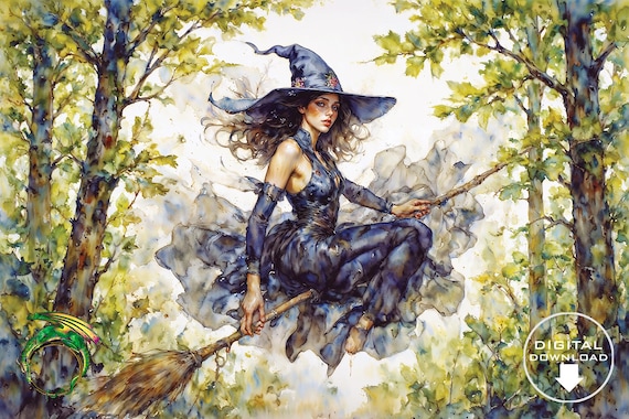 Witch Flying on Broomstick in Enchanted Green Forest Night Poster