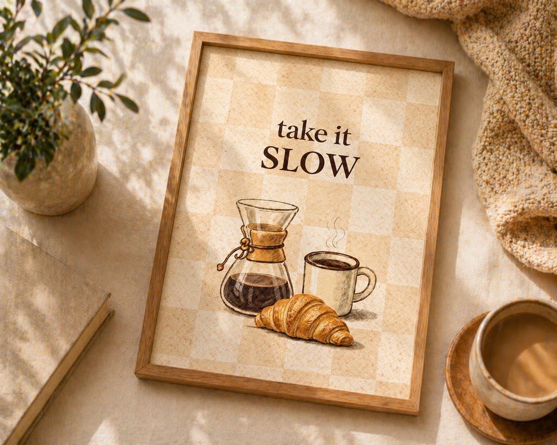 Take It Slow Pour Over Coffee Croissant Checkered Kitchen Poster