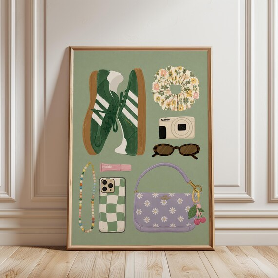 Coquette Fashion Flat Lay Sneakers Camera Bag Green Aesthetic Poster