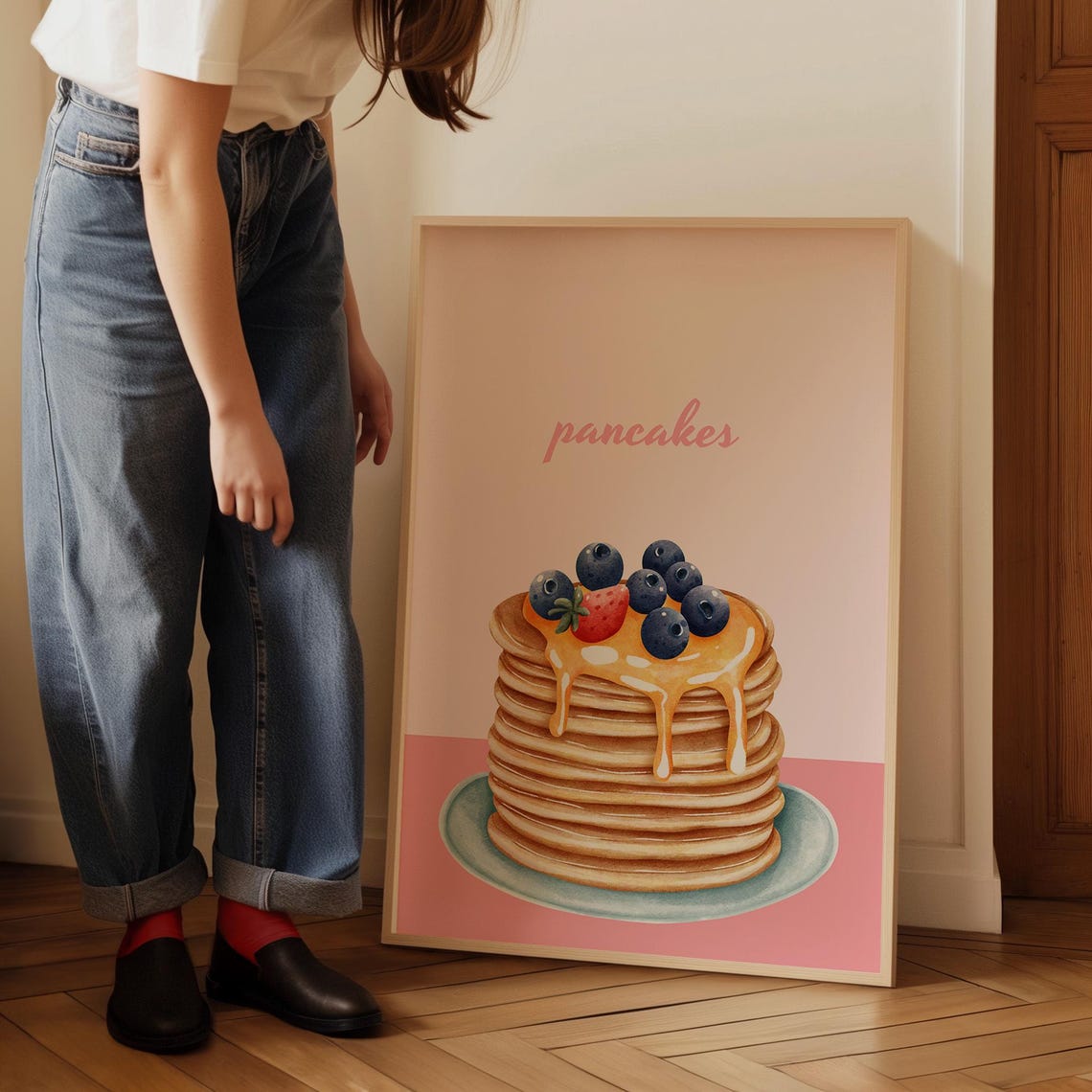 Pancakes Stack With Syrup Blueberries And Strawberry Cute Food Print