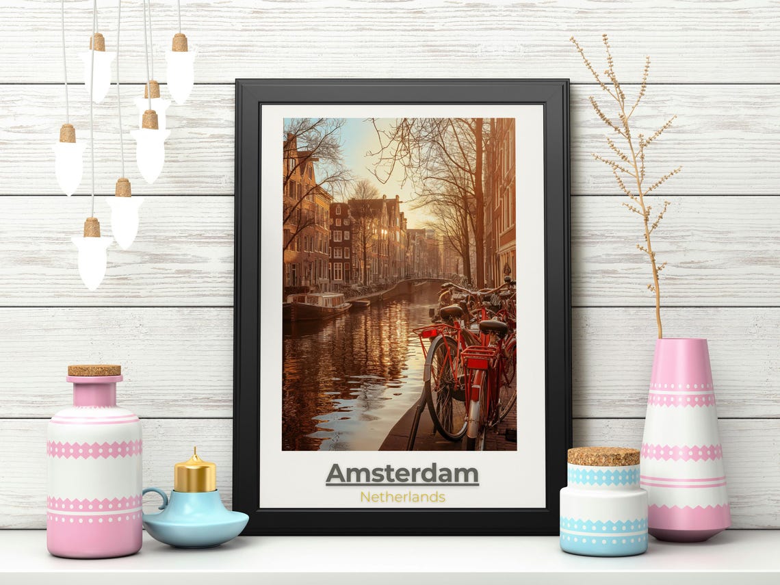 Amsterdam Canal Bicycles Golden Sunset Evening Travel Poster
