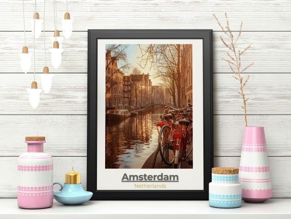 Amsterdam Travel Poster Vintagestyle Netherlands Wall Art