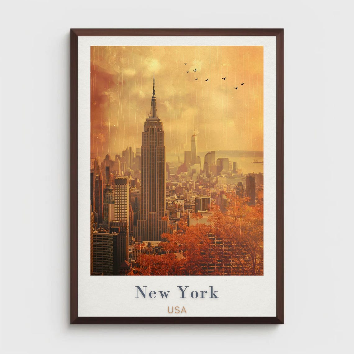 New York Empire State Building Golden Sunset Rain Travel Poster