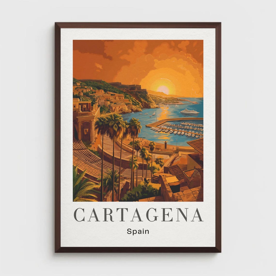 Cartagena Spain Harbor Sunset Palms Vintage Retro Travel Poster