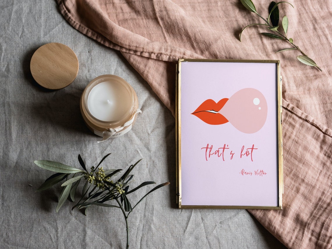 Thats Hot Paris Hilton Red Lips Bubblegum Pink Aesthetic Wall Art - Image 3