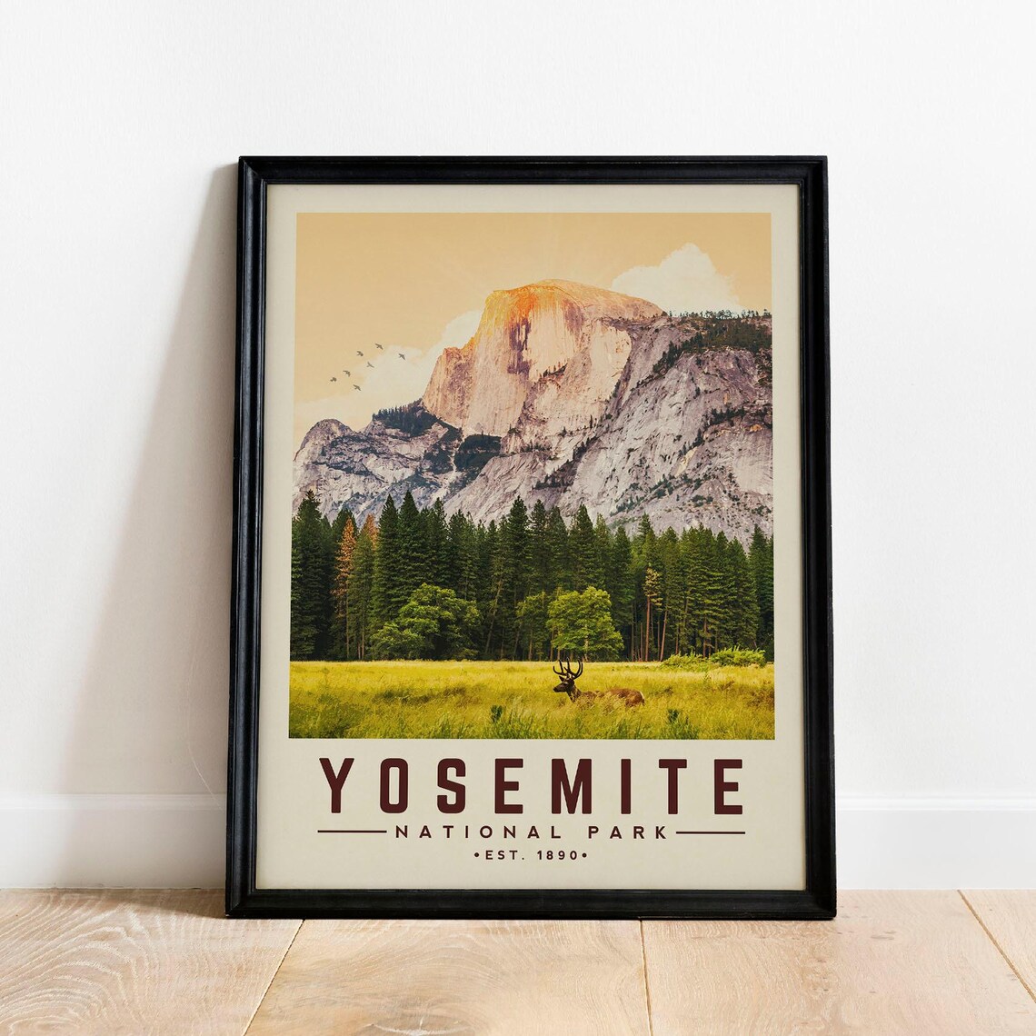 Yosemite National Park Poster Half Dome Elk Meadow Vintage Travel Art Gift