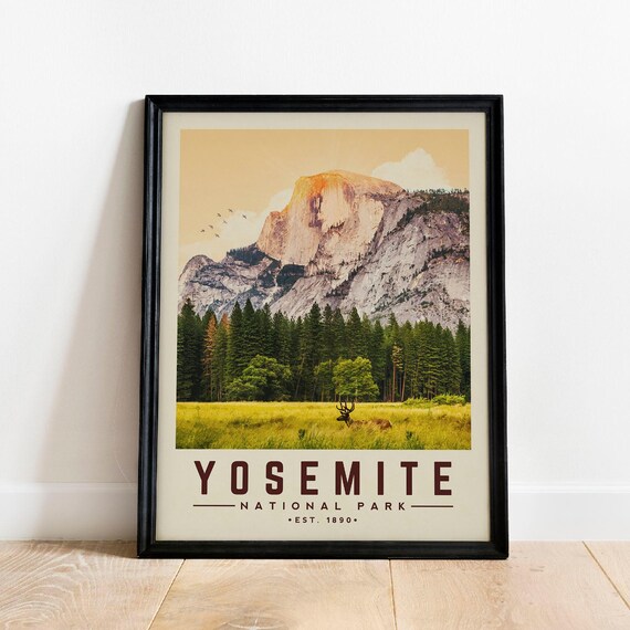 Yosemite National Park Poster Half Dome Elk Meadow Vintage Travel Art Gift