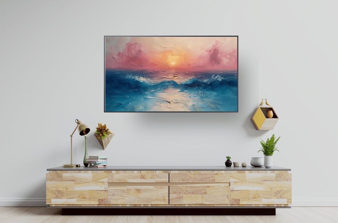 Abstract Ocean Sunset Waves Painting Print in Pink and Deep Teal - Image 3