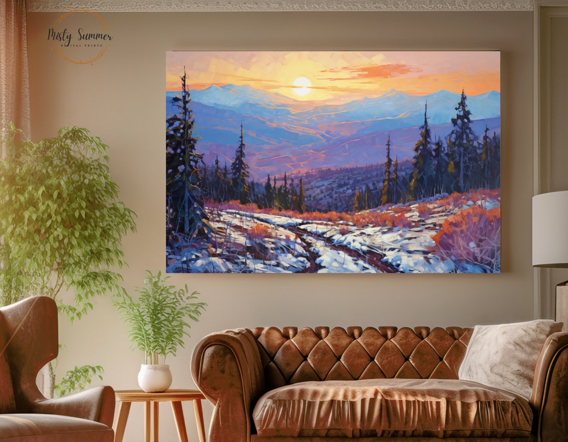 Snowy Mountain Valley Sunrise Pine Forest Winter Landscape Art Print - Image 4