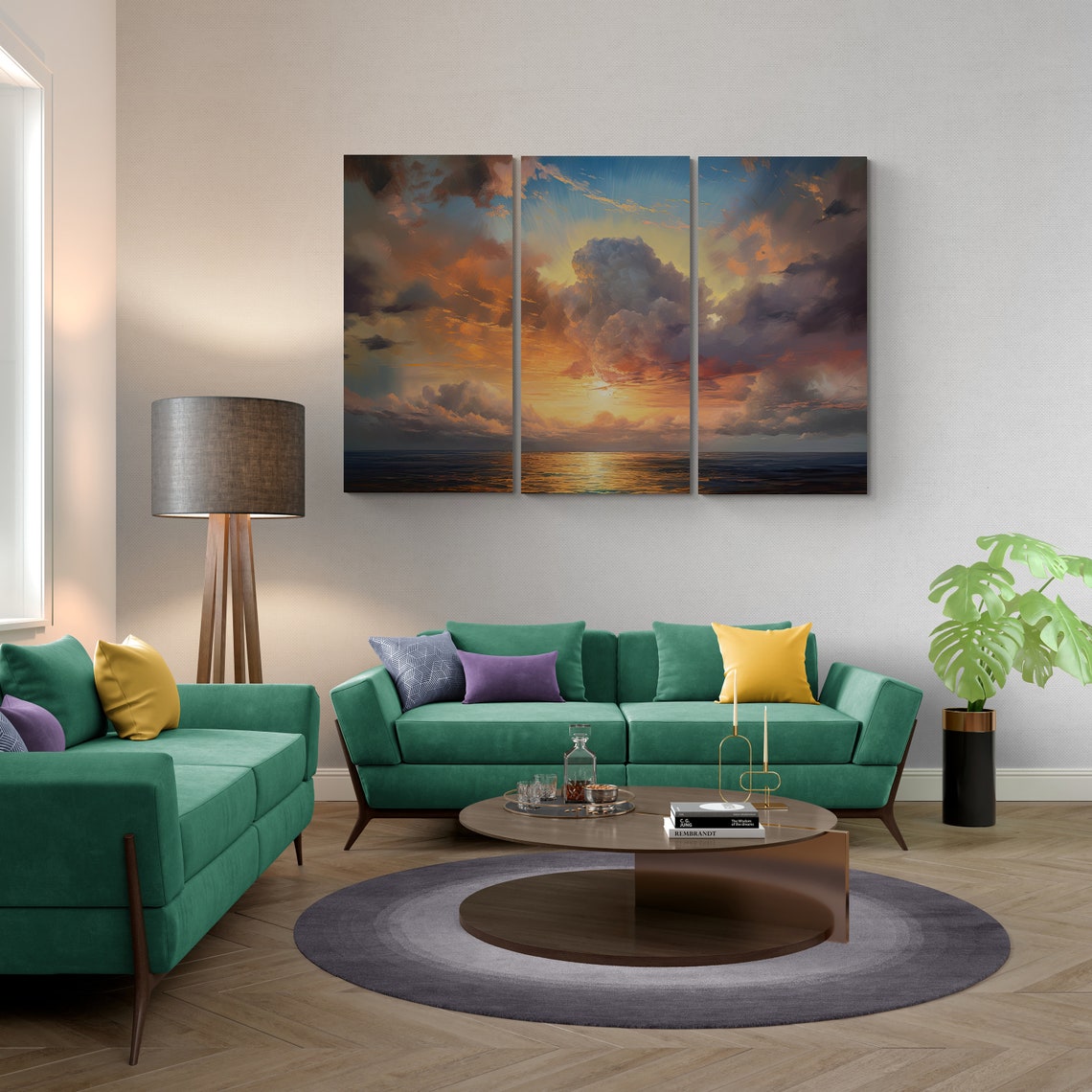 Ocean Sunset Clouds Triptych 3 Panel Seascape Canvas Nature Wall Art - Image 2