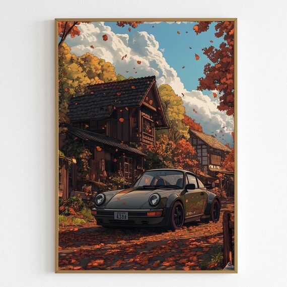 Anime Porsche 911 Japanese Countryside Autumn Leaves Art Poster